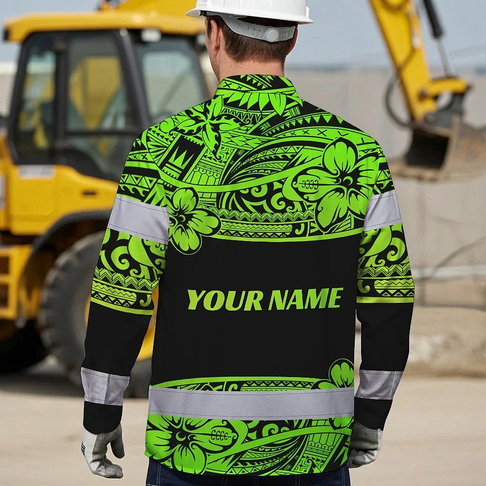 Hi Vis Hawaiian Long Sleeve Shirt Reflective Tapes Green Neon Hawaiian Polynesian Tribal Custom Name Safety Workwear For Workers, Truckers, Operators