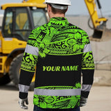Hi Vis Hawaiian Long Sleeve Shirt Reflective Tapes Green Neon Hawaiian Polynesian Tribal Custom Name Safety Workwear For Workers, Truckers, Operators