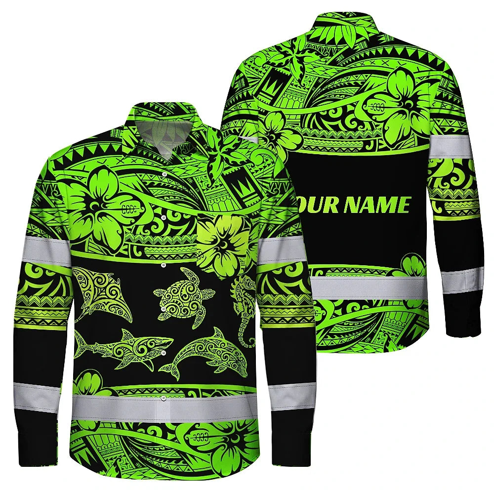 Hi Vis Hawaiian Long Sleeve Shirt Reflective Tapes Green Neon Hawaiian Polynesian Tribal Custom Name Safety Workwear For Workers, Truckers, Operators