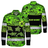 Hi Vis Hawaiian Long Sleeve Shirt Reflective Tapes Green Neon Hawaiian Polynesian Tribal Custom Name Safety Workwear For Workers, Truckers, Operators