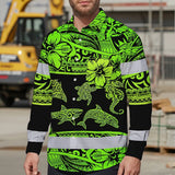 Hi Vis Hawaiian Long Sleeve Shirt Reflective Tapes Green Neon Hawaiian Polynesian Tribal Custom Name Safety Workwear For Workers, Truckers, Operators