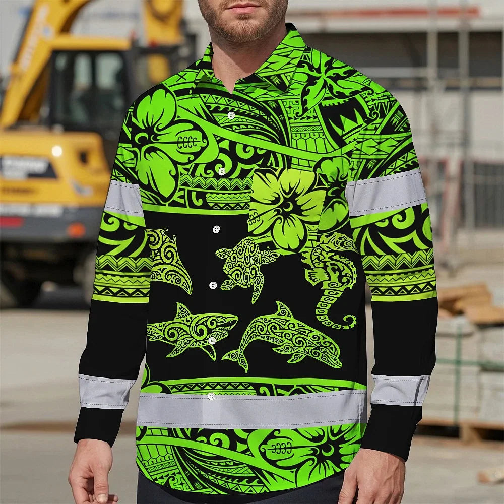 Hi Vis Hawaiian Long Sleeve Shirt Reflective Tapes Green Neon Hawaiian Polynesian Tribal Custom Name Safety Workwear For Workers, Truckers, Operators