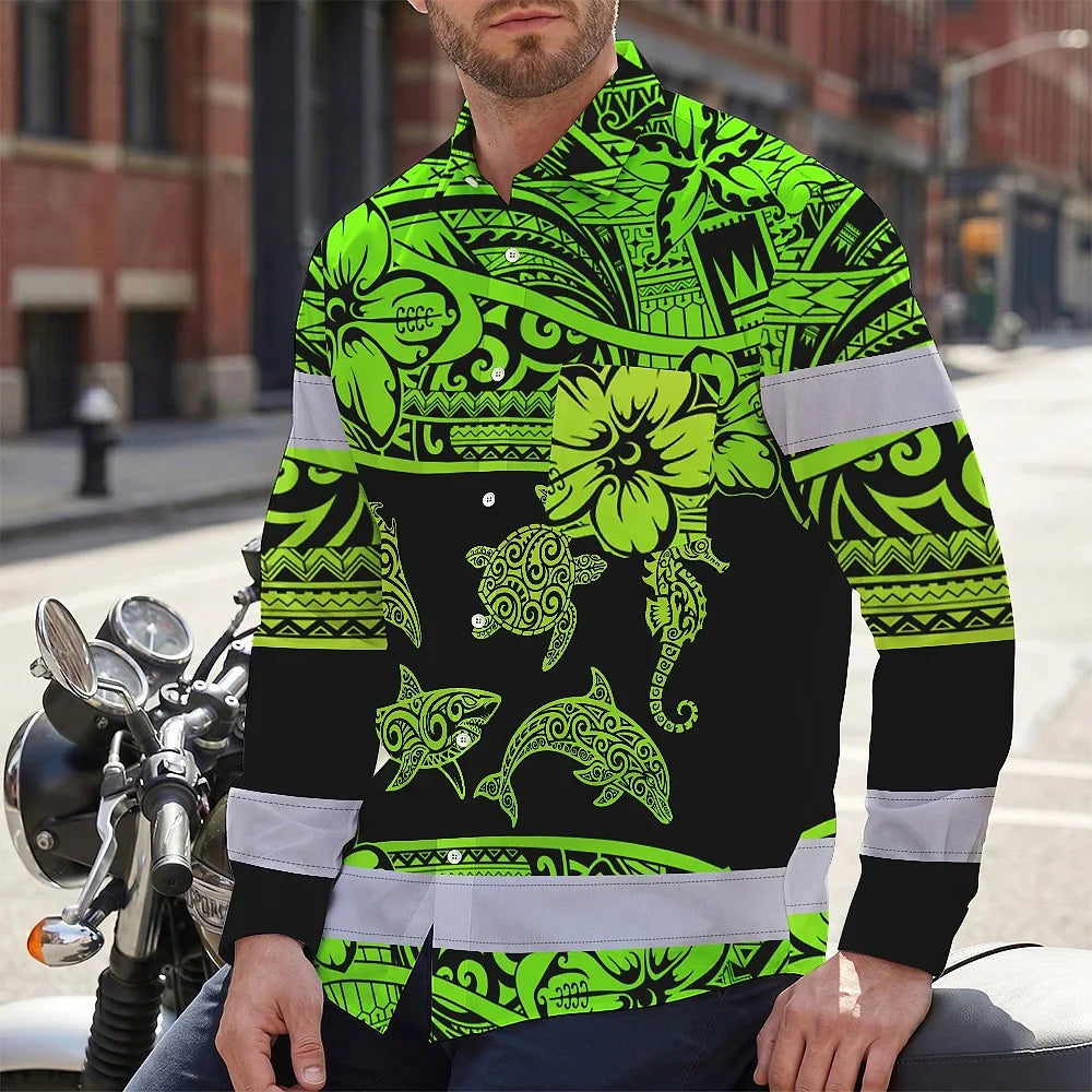 Hi Vis Hawaiian Long Sleeve Shirt Reflective Tapes Green Neon Hawaiian Polynesian Tribal Custom Name Safety Workwear For Workers, Truckers, Operators
