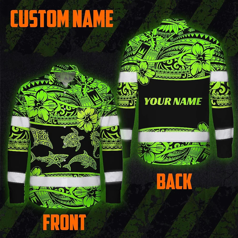 Hi Vis Hawaiian Long Sleeve Shirt Reflective Tapes Green Neon Hawaiian Polynesian Tribal Custom Name Safety Workwear For Workers, Truckers, Operators
