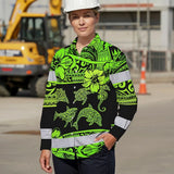 Hi Vis Hawaiian Long Sleeve Shirt Reflective Tapes Green Neon Hawaiian Polynesian Tribal Custom Name Safety Workwear For Workers, Truckers, Operators