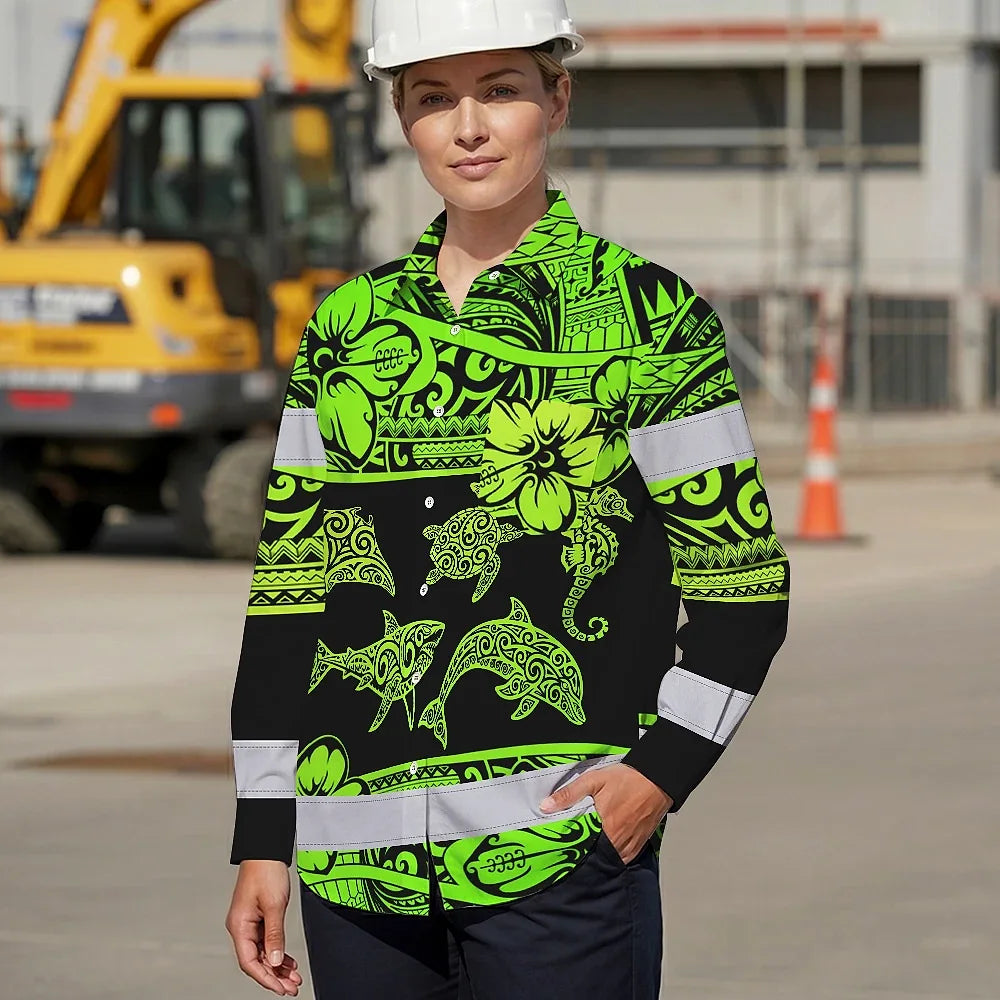 Hi Vis Hawaiian Long Sleeve Shirt Reflective Tapes Green Neon Hawaiian Polynesian Tribal Custom Name Safety Workwear For Workers, Truckers, Operators