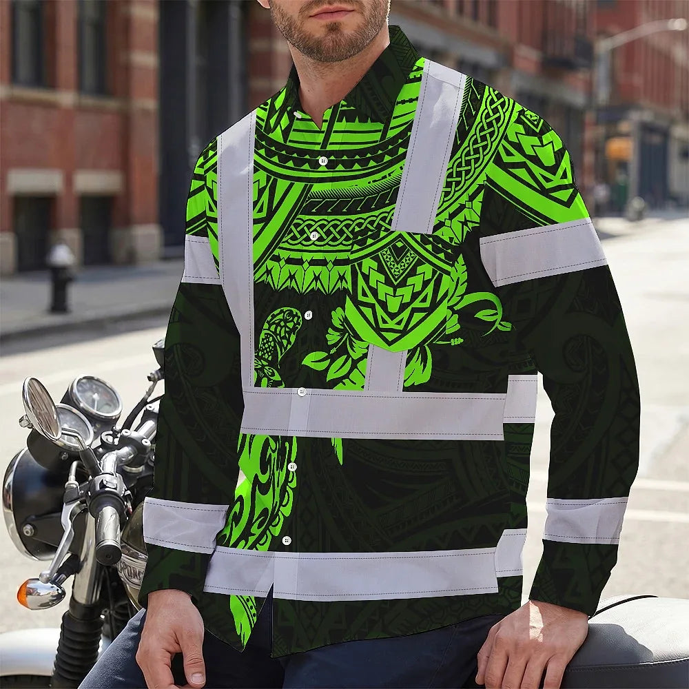 Hi Vis Hawaiian Long Sleeve Shirt Reflective Tapes Green Turtle Flower Hawaiian Polynesian Tribal Custom Name Safety Workwear For Workers, Truckers, Operators