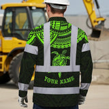 Hi Vis Hawaiian Long Sleeve Shirt Reflective Tapes Green Turtle Flower Hawaiian Polynesian Tribal Custom Name Safety Workwear For Workers, Truckers, Operators