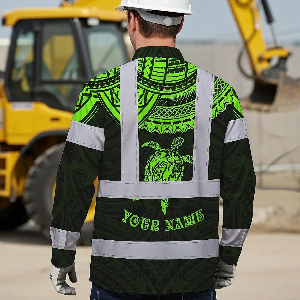 Hi Vis Hawaiian Long Sleeve Shirt Reflective Tapes Green Turtle Flower Hawaiian Polynesian Tribal Custom Name Safety Workwear For Workers, Truckers, Operators