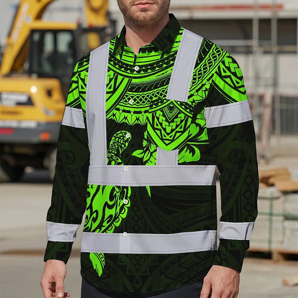 Hi Vis Hawaiian Long Sleeve Shirt Reflective Tapes Green Turtle Flower Hawaiian Polynesian Tribal Custom Name Safety Workwear For Workers, Truckers, Operators