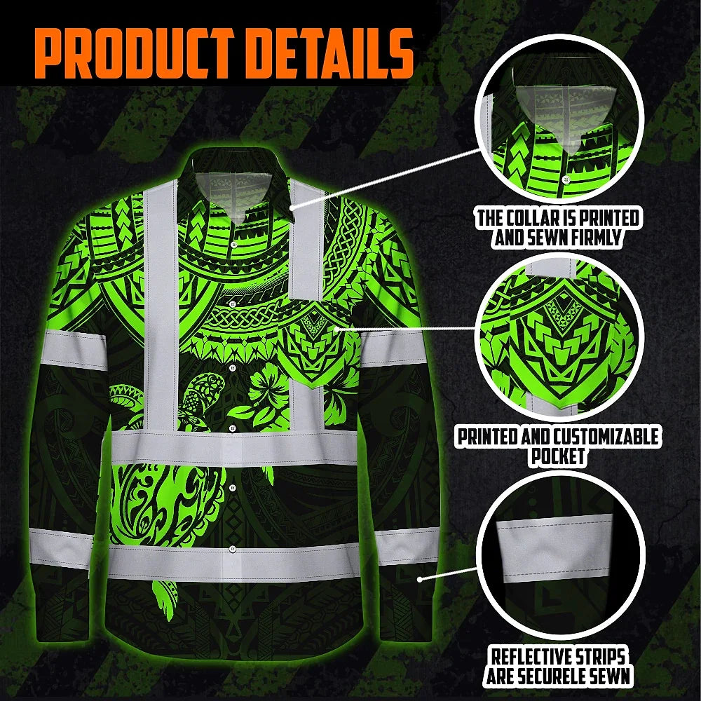 Hi Vis Hawaiian Long Sleeve Shirt Reflective Tapes Green Turtle Flower Hawaiian Polynesian Tribal Custom Name Safety Workwear For Workers, Truckers, Operators