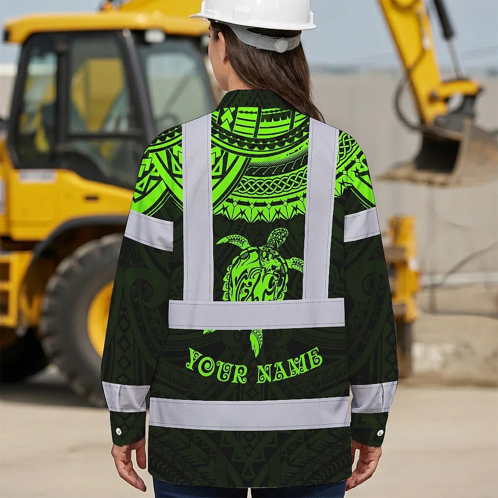 Hi Vis Hawaiian Long Sleeve Shirt Reflective Tapes Green Turtle Flower Hawaiian Polynesian Tribal Custom Name Safety Workwear For Workers, Truckers, Operators