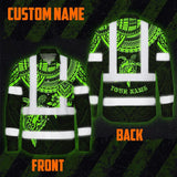 Hi Vis Hawaiian Long Sleeve Shirt Reflective Tapes Green Turtle Flower Hawaiian Polynesian Tribal Custom Name Safety Workwear For Workers, Truckers, Operators