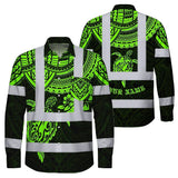 Hi Vis Hawaiian Long Sleeve Shirt Reflective Tapes Green Turtle Flower Hawaiian Polynesian Tribal Custom Name Safety Workwear For Workers, Truckers, Operators