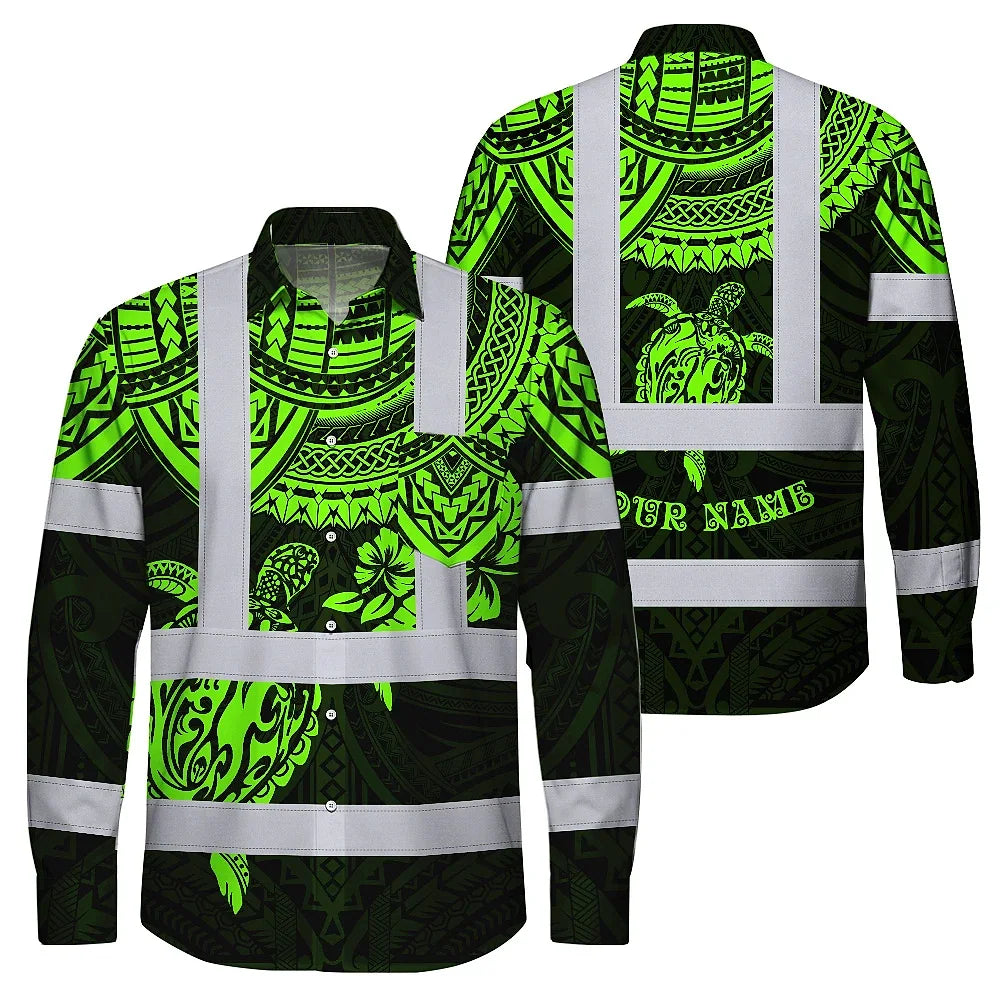 Hi Vis Hawaiian Long Sleeve Shirt Reflective Tapes Green Turtle Flower Hawaiian Polynesian Tribal Custom Name Safety Workwear For Workers, Truckers, Operators