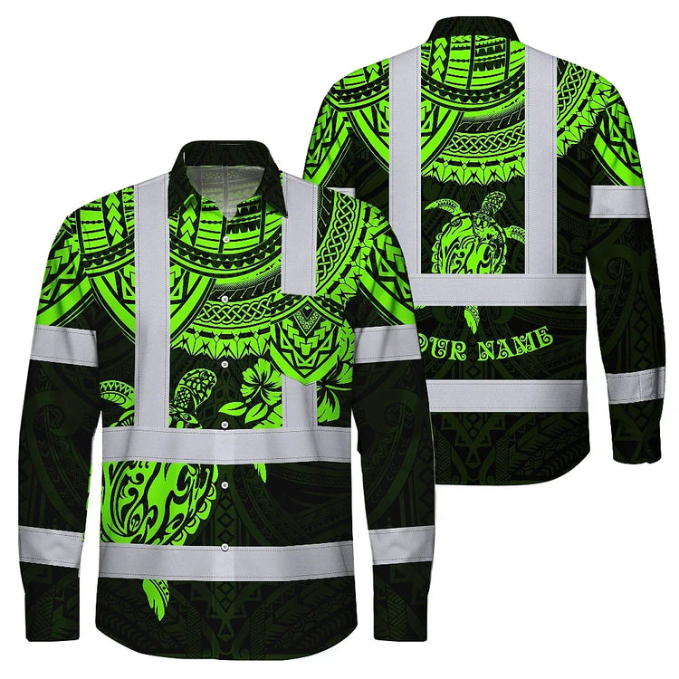 Hi Vis Hawaiian Long Sleeve Shirt Reflective Tapes Green Turtle Flower Hi-Vis Long Sleeve Shirt