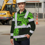 Hi Vis Hawaiian Long Sleeve Shirt Reflective Tapes Green Turtle Flower Hawaiian Polynesian Tribal Custom Name Safety Workwear For Workers, Truckers, Operators