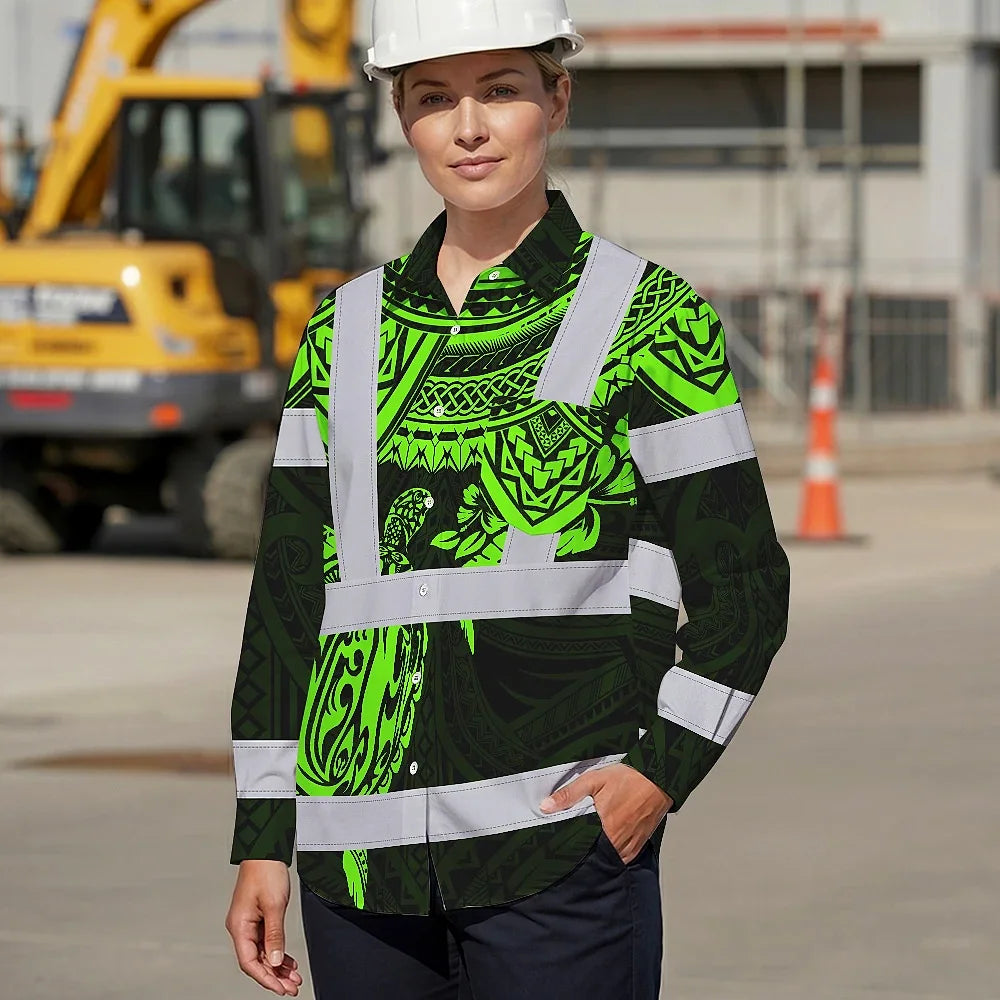 Hi Vis Hawaiian Long Sleeve Shirt Reflective Tapes Green Turtle Flower Hawaiian Polynesian Tribal Custom Name Safety Workwear For Workers, Truckers, Operators