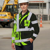 Hi Vis Hawaiian Long Sleeve Shirt Reflective Tapes Hawaiian Polynesian Tribal Custom Name Safety Workwear For Workers, Truckers, Operators