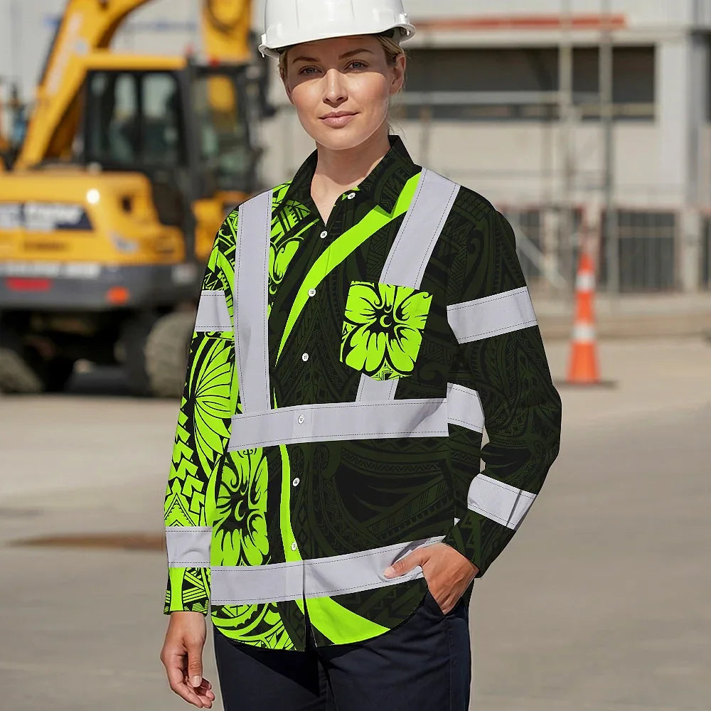 Hi Vis Hawaiian Long Sleeve Shirt Reflective Tapes Hawaiian Polynesian Tribal Custom Name Safety Workwear For Workers, Truckers, Operators