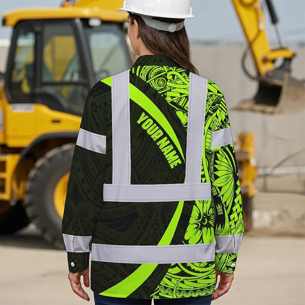 Hi Vis Hawaiian Long Sleeve Shirt Reflective Tapes Hawaiian Polynesian Tribal Custom Name Safety Workwear For Workers, Truckers, Operators