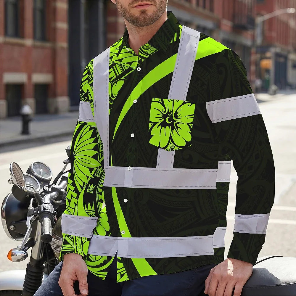 Hi Vis Hawaiian Long Sleeve Shirt Reflective Tapes Hawaiian Polynesian Tribal Custom Name Safety Workwear For Workers, Truckers, Operators