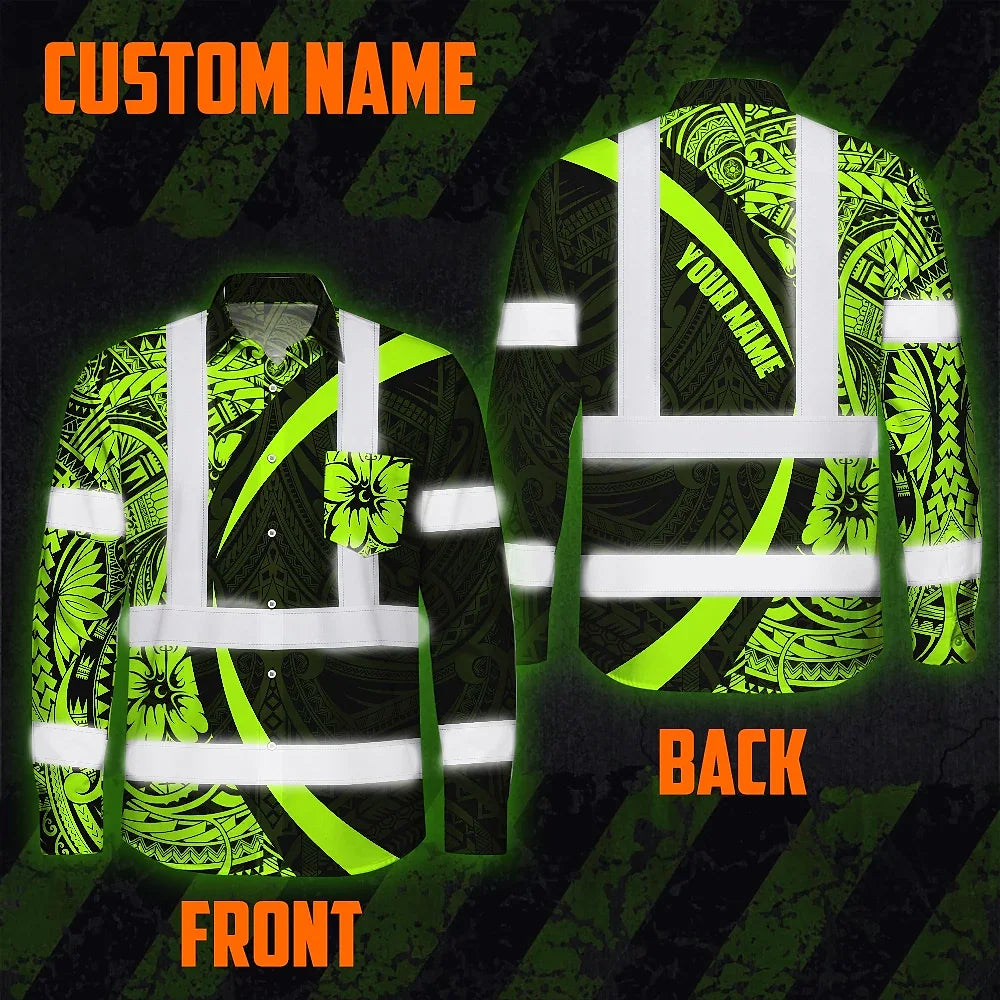 Hi Vis Hawaiian Long Sleeve Shirt Reflective Tapes Hawaiian Polynesian Tribal Custom Name Safety Workwear For Workers, Truckers, Operators
