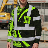 Hi Vis Hawaiian Long Sleeve Shirt Reflective Tapes Hawaiian Polynesian Tribal Custom Name Safety Workwear For Workers, Truckers, Operators