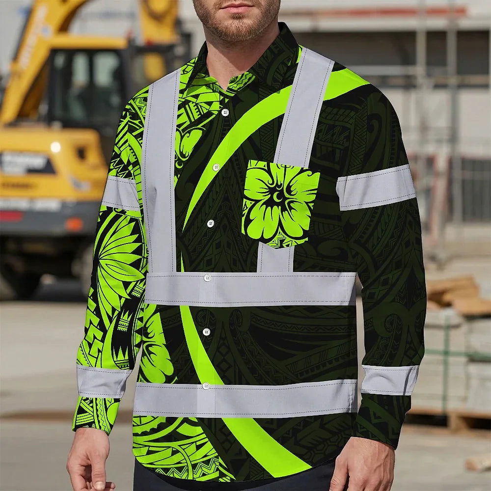 Hi Vis Hawaiian Long Sleeve Shirt Reflective Tapes Hawaiian Polynesian Tribal Custom Name Safety Workwear For Workers, Truckers, Operators
