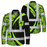Hi Vis Hawaiian Long Sleeve Shirt Reflective Tapes Hawaiian Polynesian Tribal Custom Name Safety Workwear For Workers, Truckers, Operators