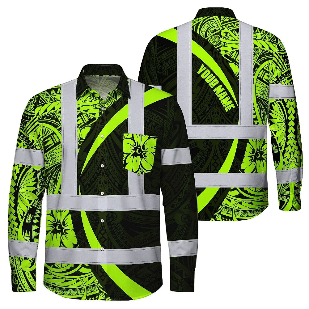 Hi Vis Hawaiian Long Sleeve Shirt Reflective Tapes Hawaiian Polynesian Tribal Custom Name Safety Workwear For Workers, Truckers, Operators