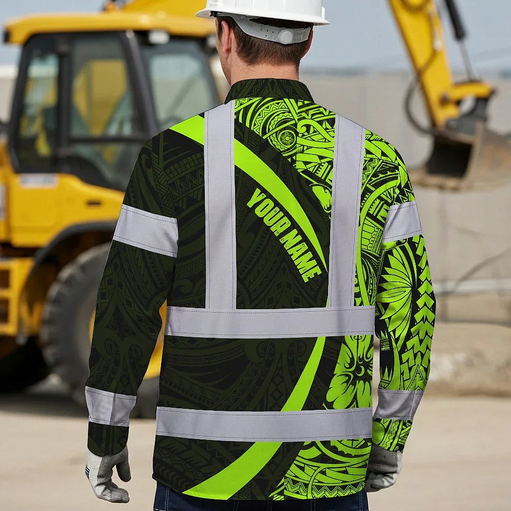 Hi Vis Hawaiian Long Sleeve Shirt Reflective Tapes Hawaiian Polynesian Tribal Custom Name Safety Workwear For Workers, Truckers, Operators