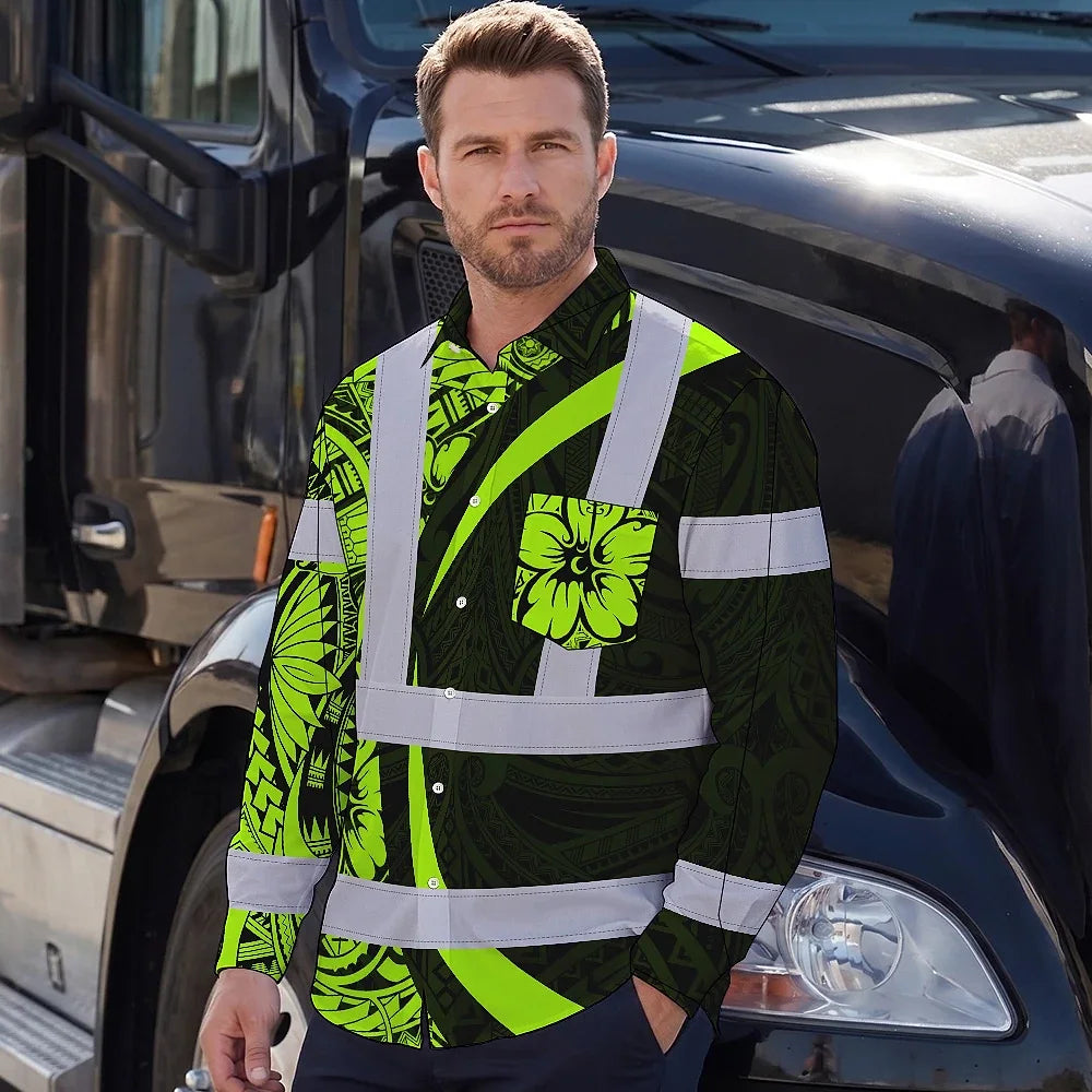 Hi Vis Hawaiian Long Sleeve Shirt Reflective Tapes Hawaiian Polynesian Tribal Custom Name Safety Workwear For Workers, Truckers, Operators