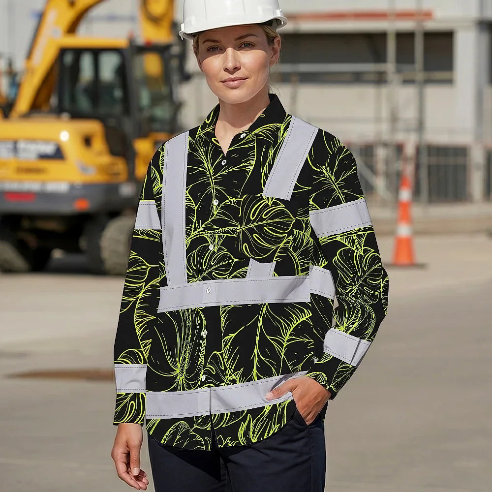 Hi Vis Hawaiian Long Sleeve Shirt Reflective Tapes Lime Neon Flowers Custom Name Safety Workwear For Workers, Truckers, Operators