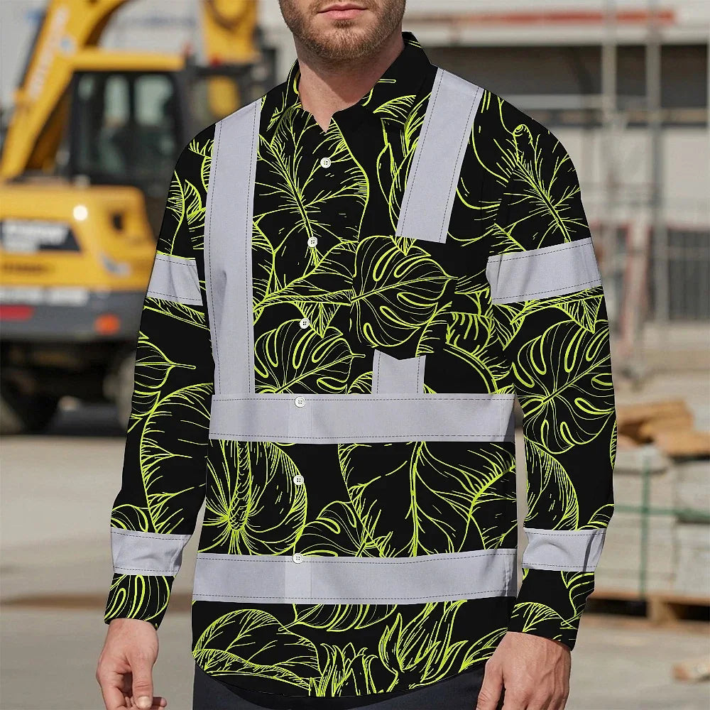 Hi Vis Hawaiian Long Sleeve Shirt Reflective Tapes Lime Neon Flowers Custom Name Safety Workwear For Workers, Truckers, Operators