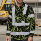 Hi Vis Hawaiian Long Sleeve Shirt Reflective Tapes Lime Neon Flowers Custom Name Safety Workwear For Workers, Truckers, Operators