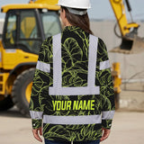 Hi Vis Hawaiian Long Sleeve Shirt Reflective Tapes Lime Neon Flowers Custom Name Safety Workwear For Workers, Truckers, Operators