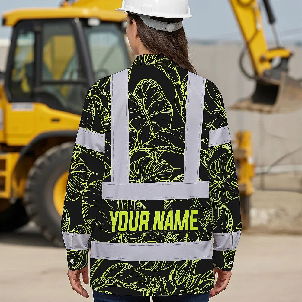 Hi Vis Hawaiian Long Sleeve Shirt Reflective Tapes Lime Neon Flowers Custom Name Safety Workwear For Workers, Truckers, Operators