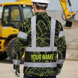 Hi Vis Hawaiian Long Sleeve Shirt Reflective Tapes Lime Neon Flowers Custom Name Safety Workwear For Workers, Truckers, Operators
