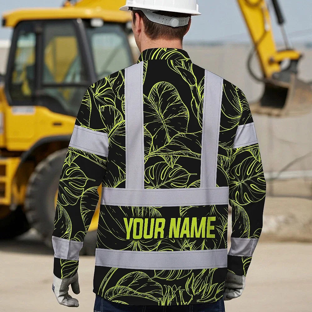 Hi Vis Hawaiian Long Sleeve Shirt Reflective Tapes Lime Neon Flowers Custom Name Safety Workwear For Workers, Truckers, Operators