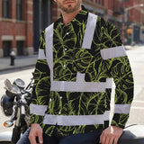 Hi Vis Hawaiian Long Sleeve Shirt Reflective Tapes Lime Neon Flowers Custom Name Safety Workwear For Workers, Truckers, Operators