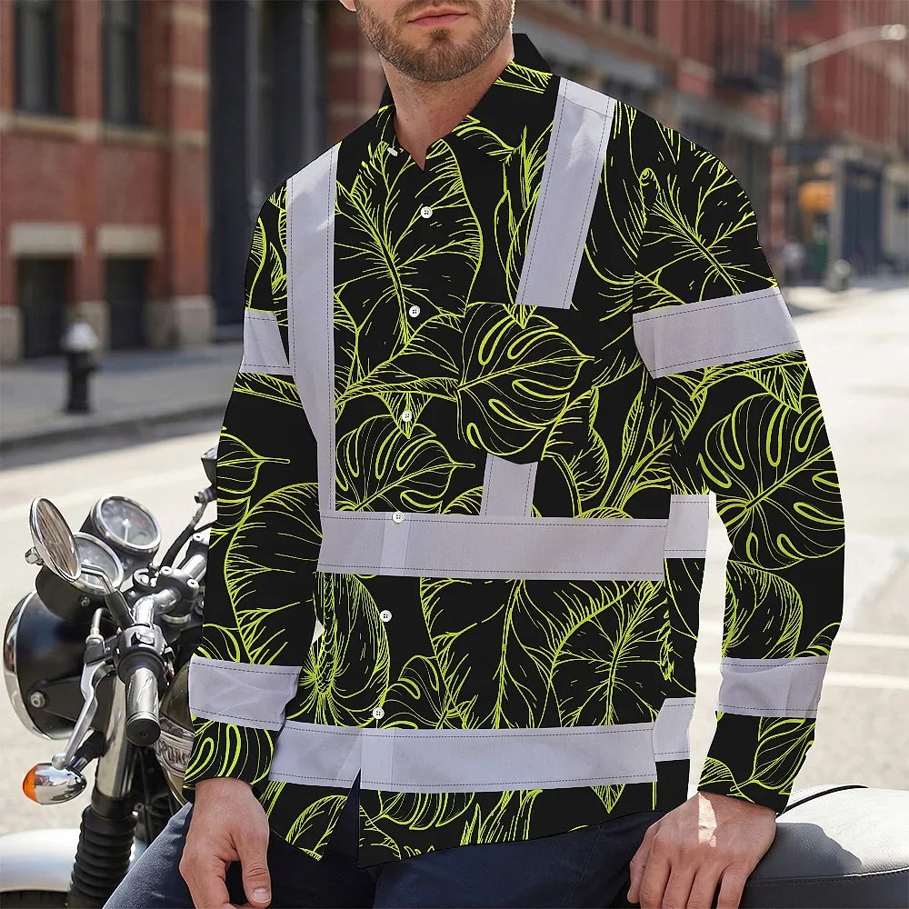 Hi Vis Hawaiian Long Sleeve Shirt Reflective Tapes Lime Neon Flowers Custom Name Safety Workwear For Workers, Truckers, Operators