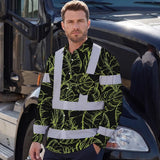 Hi Vis Hawaiian Long Sleeve Shirt Reflective Tapes Lime Neon Flowers Custom Name Safety Workwear For Workers, Truckers, Operators