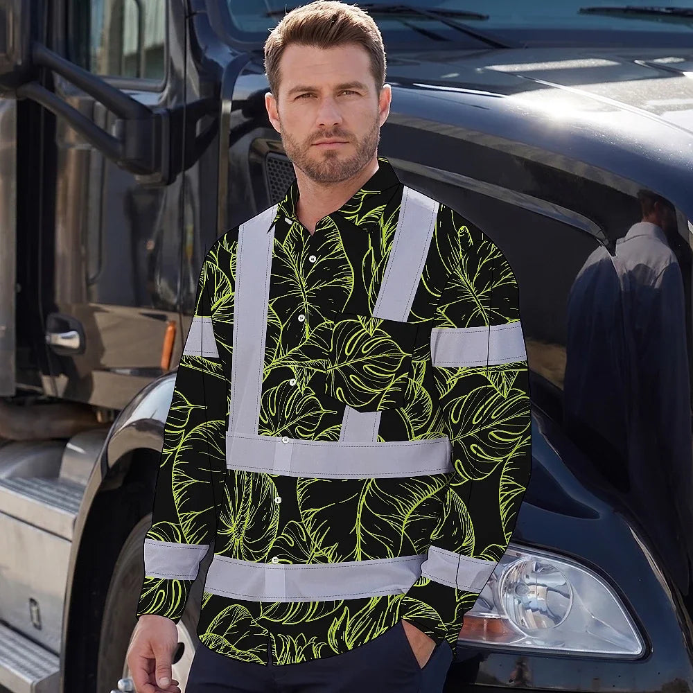 Hi Vis Hawaiian Long Sleeve Shirt Reflective Tapes Lime Neon Flowers Custom Name Safety Workwear For Workers, Truckers, Operators