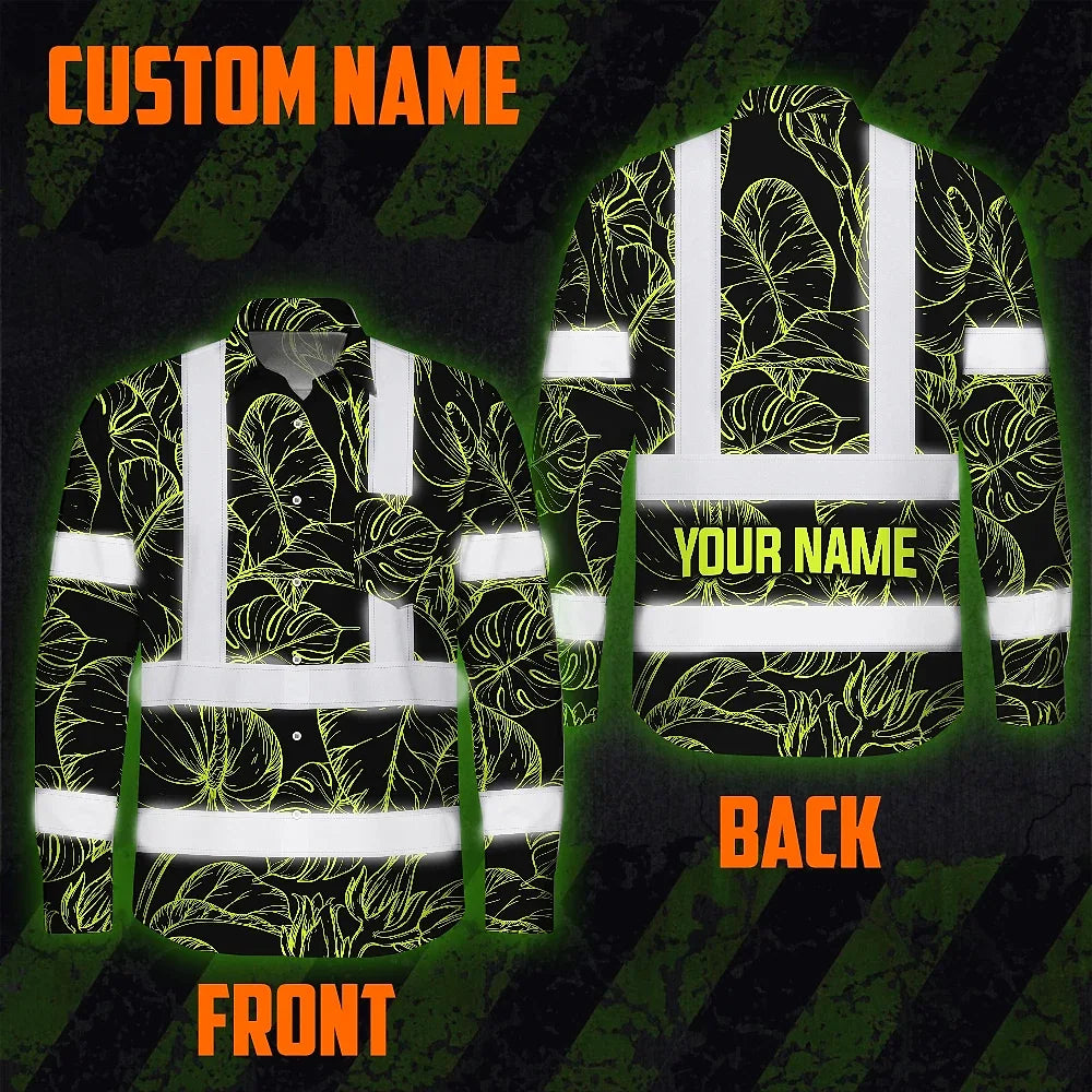 Hi Vis Hawaiian Long Sleeve Shirt Reflective Tapes Lime Neon Flowers Custom Name Safety Workwear For Workers, Truckers, Operators