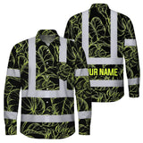 Hi Vis Hawaiian Long Sleeve Shirt Reflective Tapes Lime Neon Flowers Custom Name Safety Workwear For Workers, Truckers, Operators