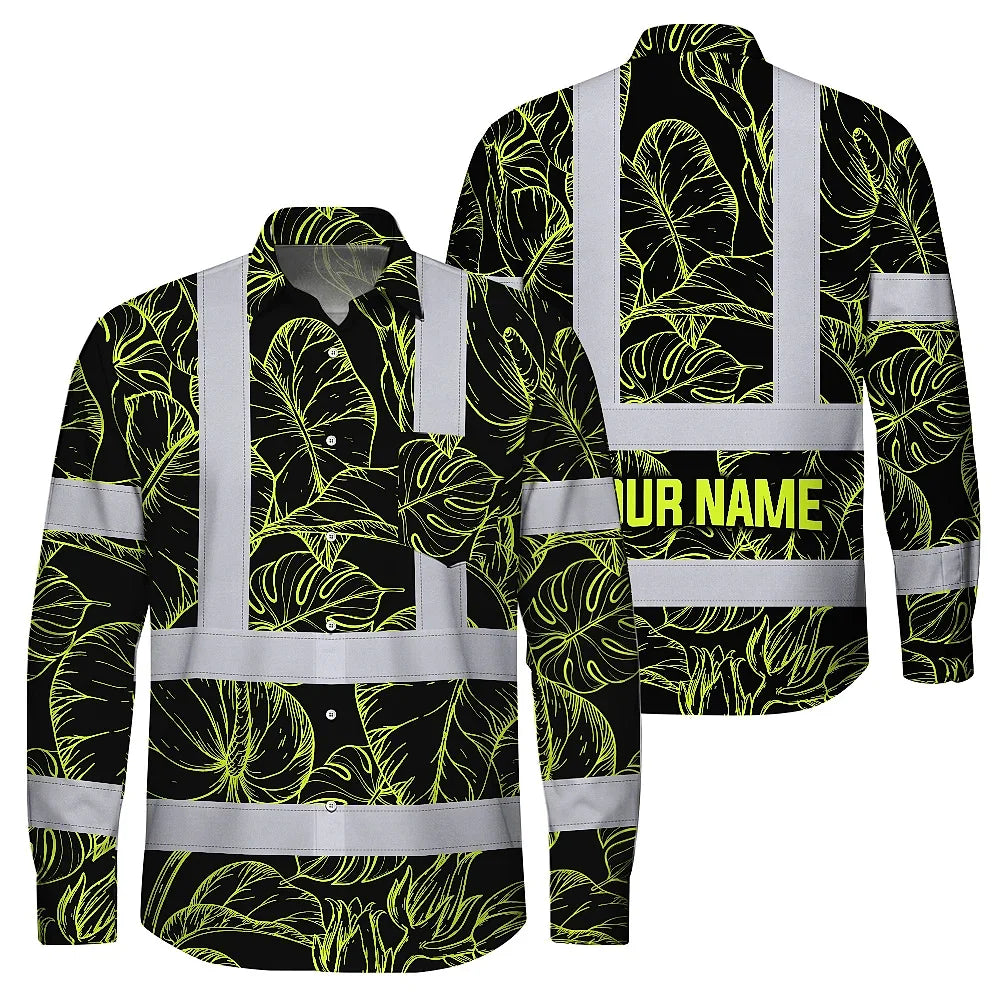 Hi Vis Hawaiian Long Sleeve Shirt Reflective Tapes Lime Neon Flowers Custom Name Safety Workwear For Workers, Truckers, Operators