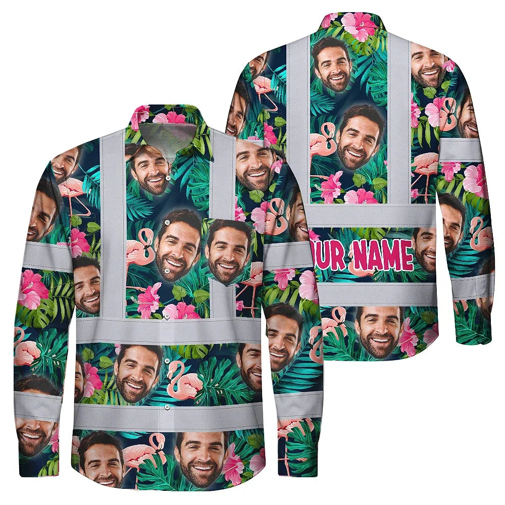 Hi Vis Hawaiian Long Sleeve Shirt Reflective Tapes Pink And Green 2 Custom Name And Photo Safety Workwear For Workers, Truckers, Operators