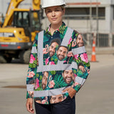 Hi Vis Hawaiian Long Sleeve Shirt Reflective Tapes Pink And Green 2 Custom Name And Photo Safety Workwear For Workers, Truckers, Operators