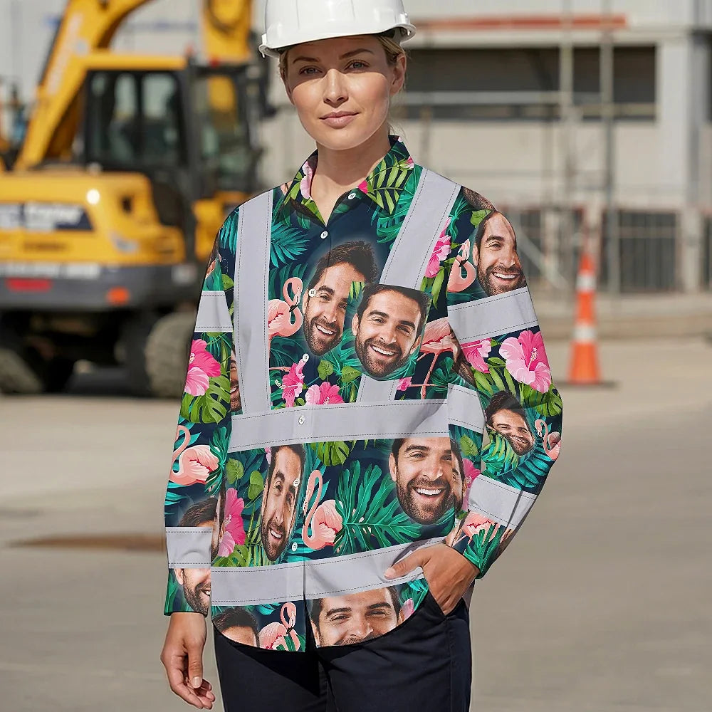 Hi Vis Hawaiian Long Sleeve Shirt Reflective Tapes Pink And Green 2 Custom Name And Photo Safety Workwear For Workers, Truckers, Operators